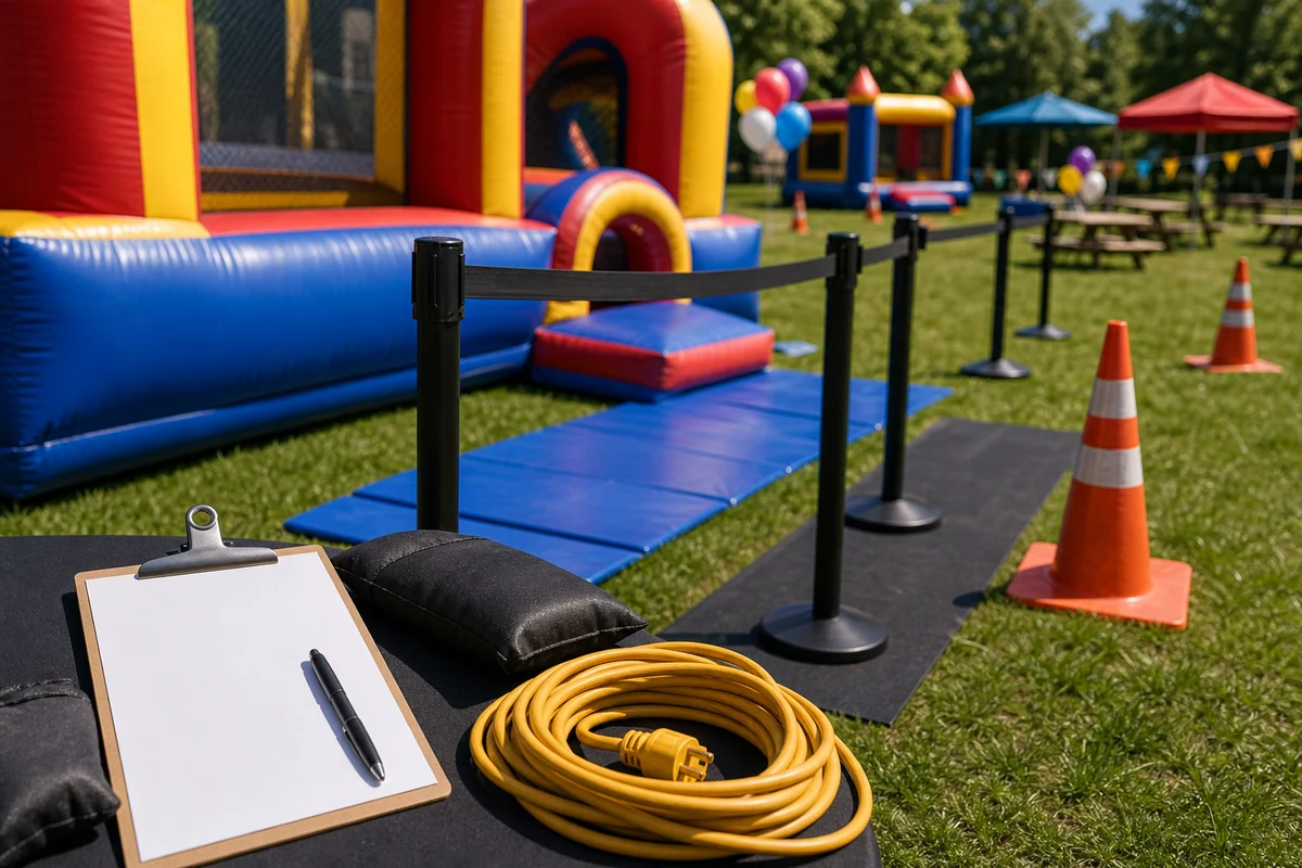 For event planning, inflatable game rental setup detail with cones, access lane, mats, and blank planning clipboard
