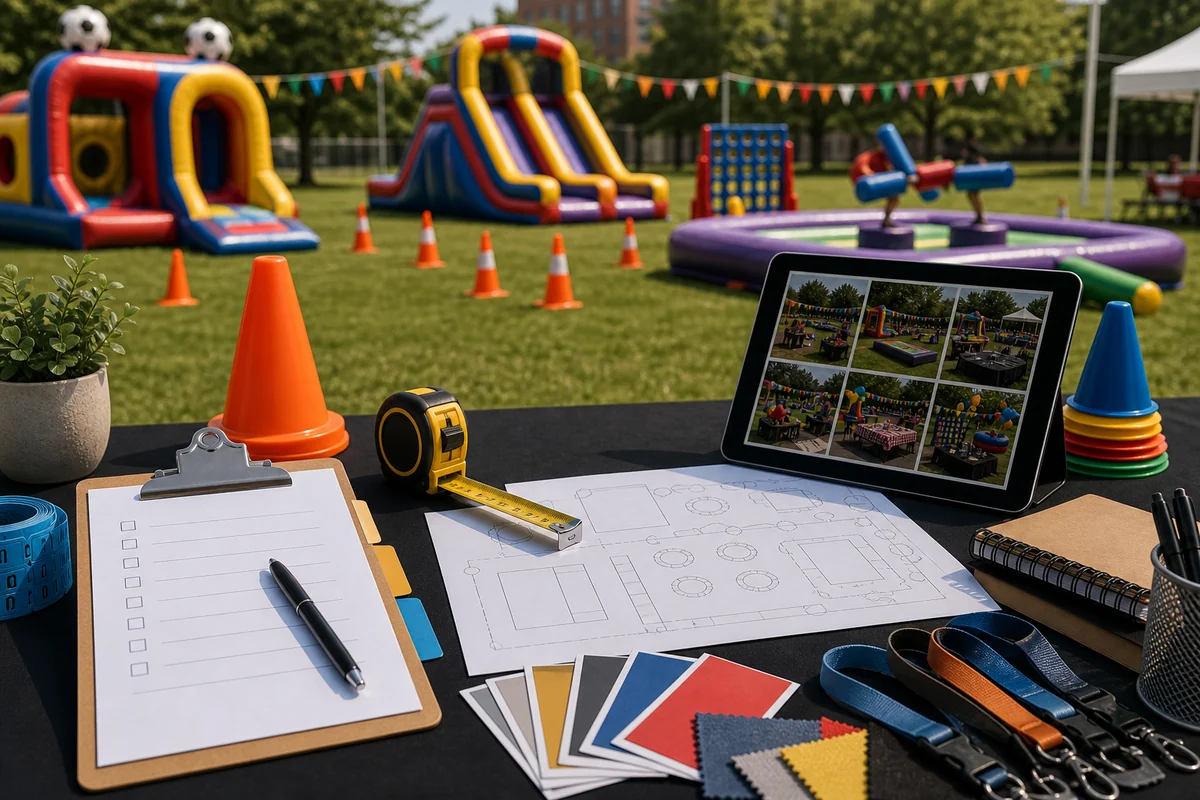 For event planning, inflatable game rental quote checklist with layout sketch and planning materials