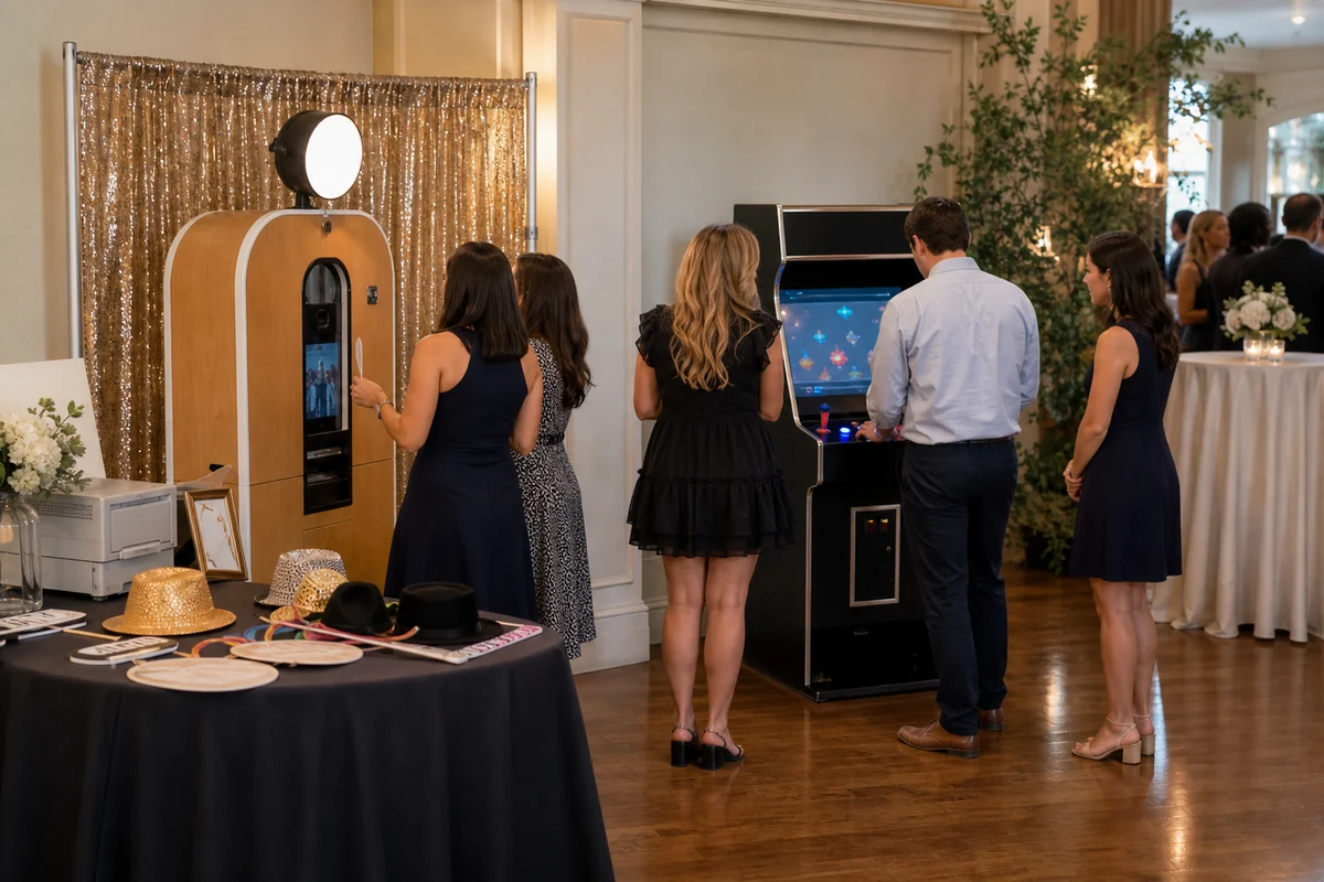 From a host’s point of view, main Line event feature area with photo booth and arcade game rental station