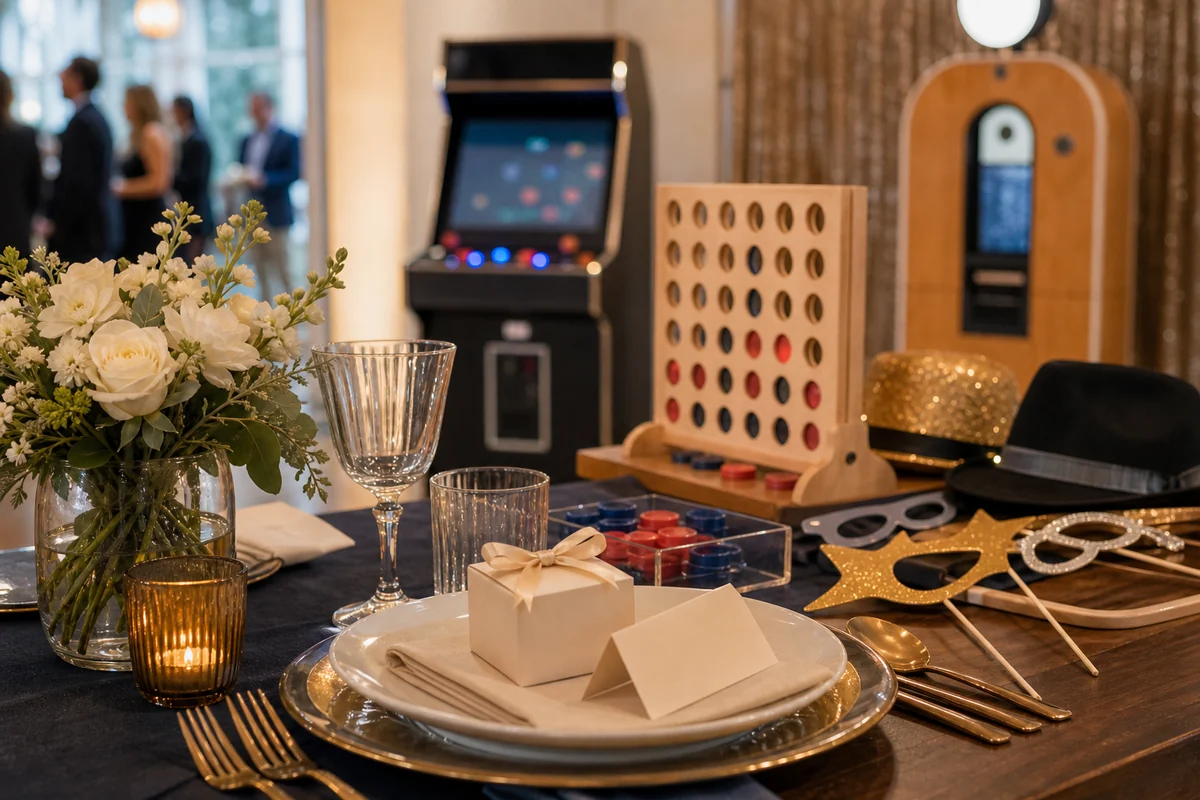From a host’s point of view, main Line private event detail with elegant table setting, game pieces, and photo booth props