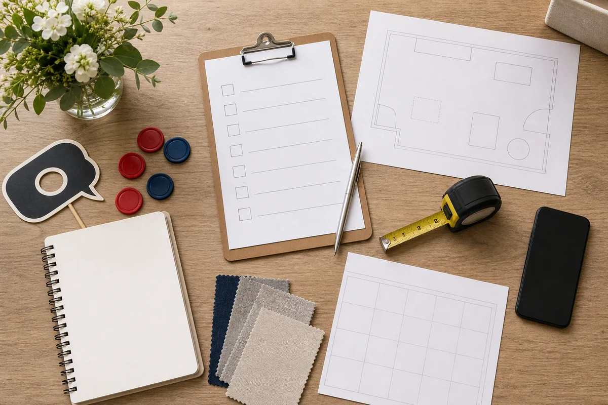 From a host’s point of view, main Line party rental quote planning materials with blank checklist, layout sketch, props, tokens, and event folders