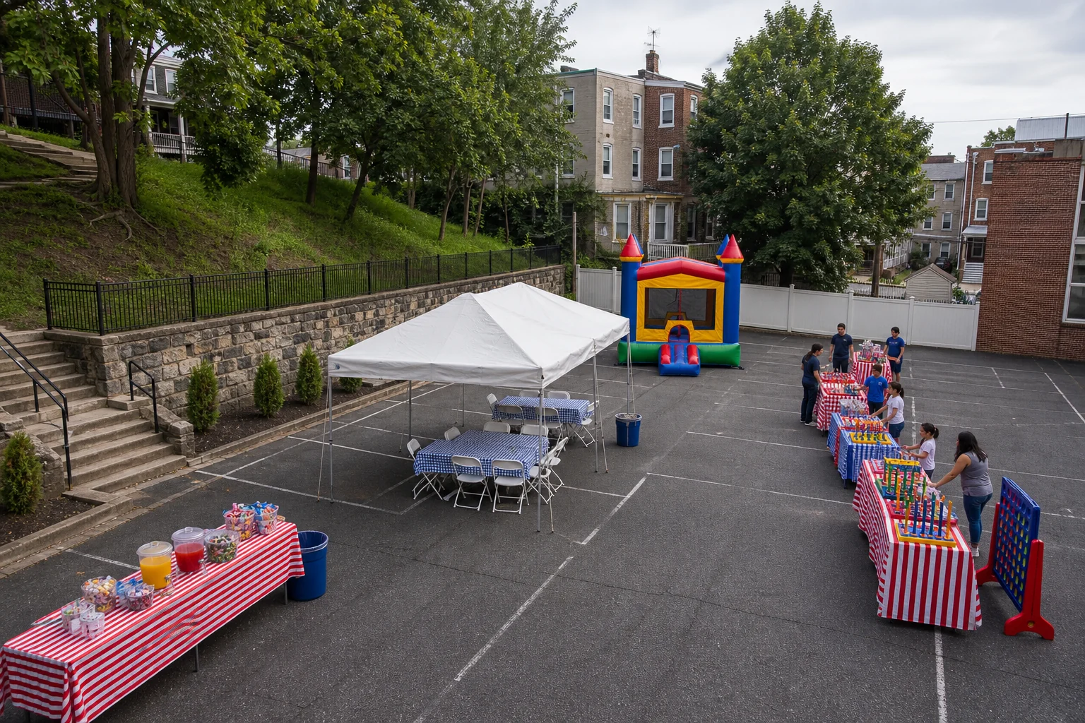 For event planning, manayunk and Roxborough slope-aware party layout with tent seating, bounce area, games, snacks, and clear walking lanes