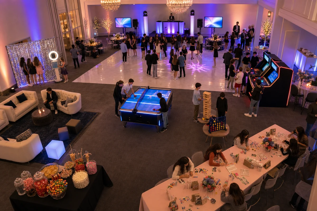 In practical terms, mitzvah party ballroom layout with dance floor, lounge seating, games, photo booth, craft station, and snack area