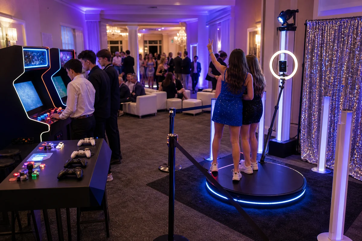In practical terms, mitzvah party interactive game and photo booth feature station in a Philadelphia-area ballroom