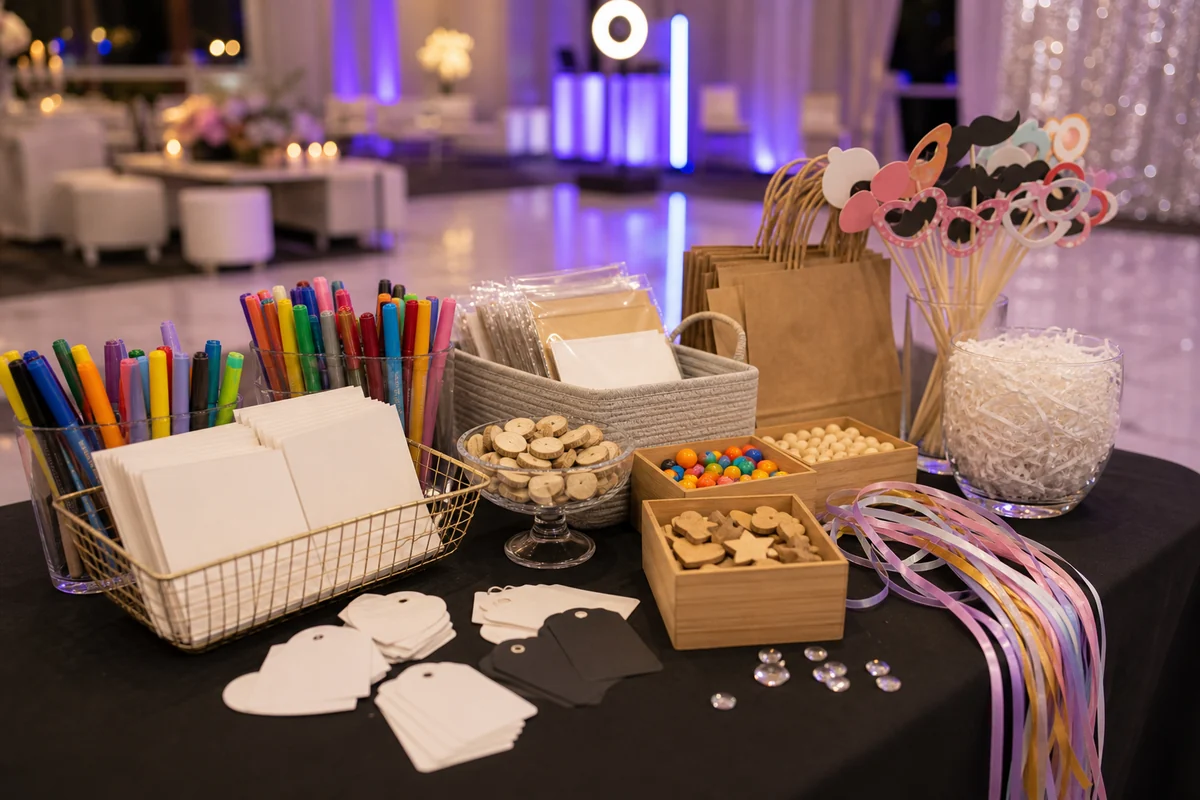 For event planning, mitzvah party keepsake and craft station with blank cards, props, markers, ribbons, and favor materials