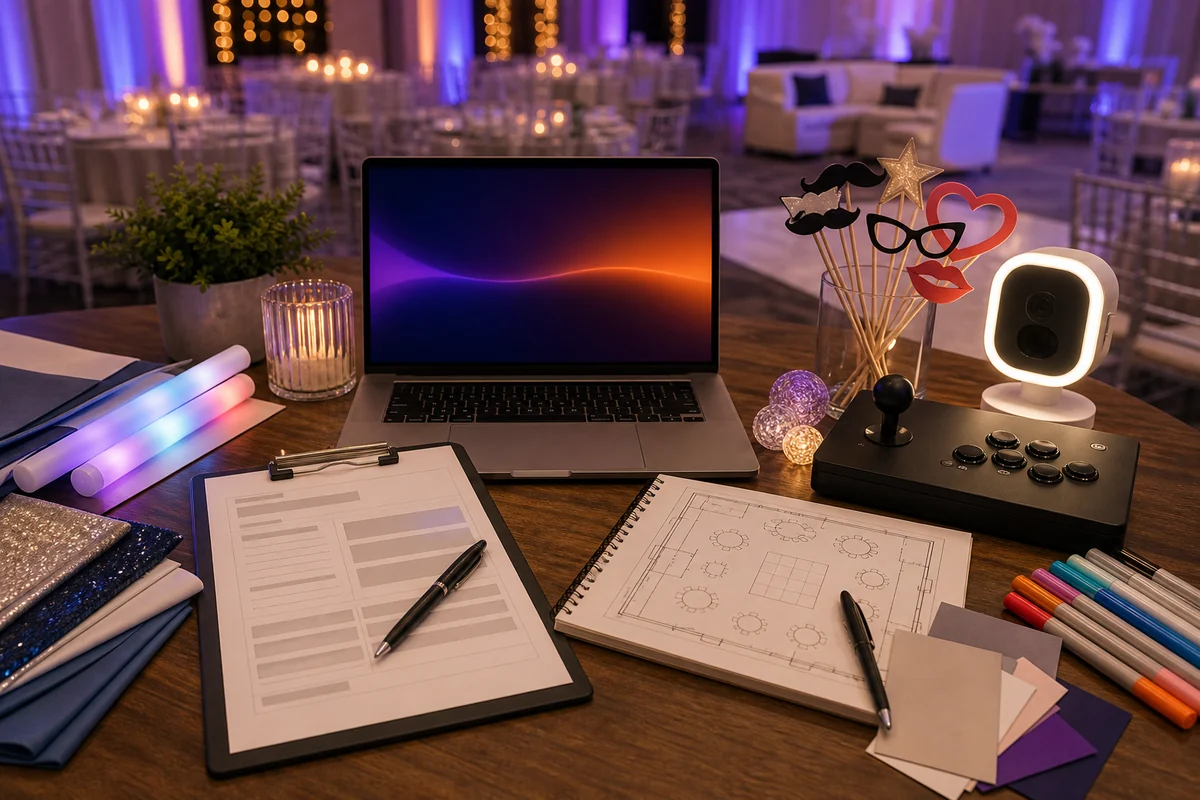From a host’s point of view, mitzvah party rental quote checklist with game, photo booth, craft, layout, and lighting planning materials