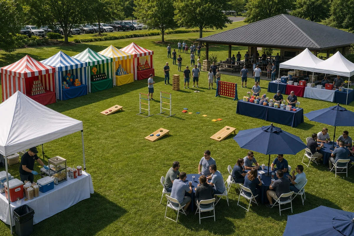 For event planning, montgomery County party rental layout with carnival games, team games, concession stations, seating, tents, and clear walking lanes