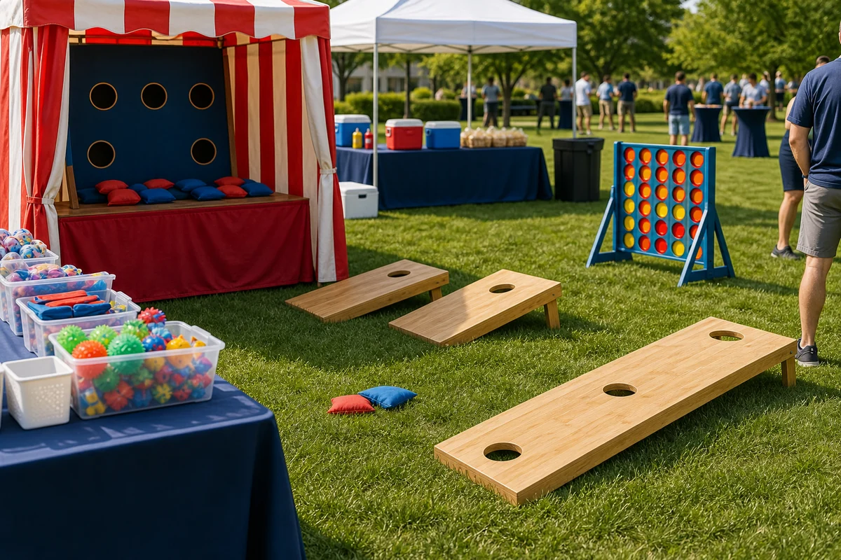 In practical terms, montgomery County event feature with carnival booth, team game boards, beanbags, prize bins, and company picnic activity materials