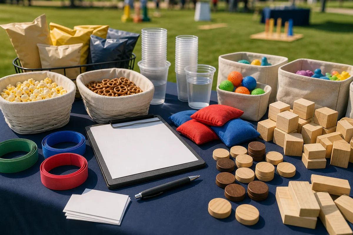 In practical terms, montgomery County event detail with blank scorecards, wristbands, beanbags, game pieces, snack trays, and unbranded cups
