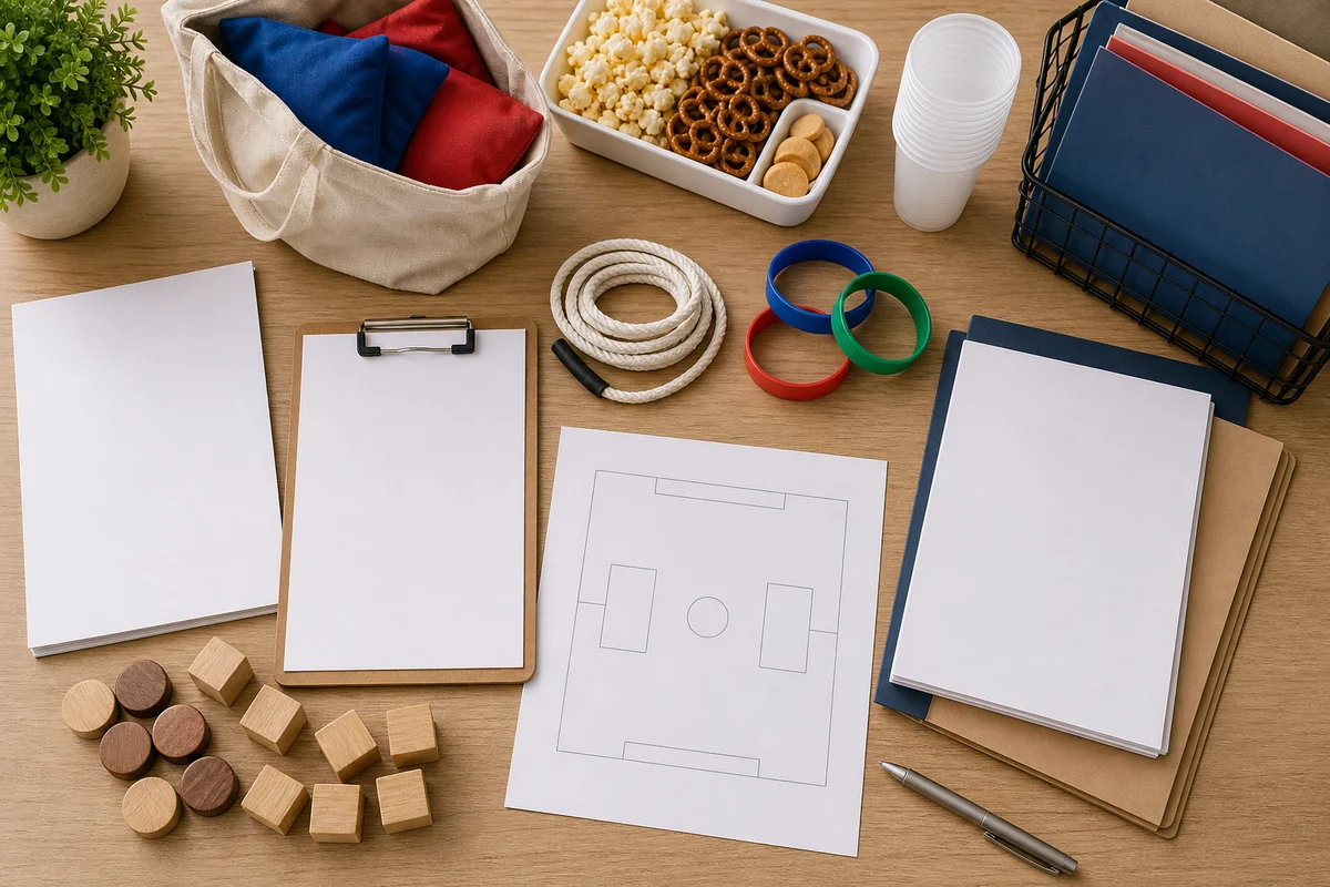 In practical terms, montgomery County party rental quote planning materials with blank checklist pages, field layout sketch, team game pieces, and event folders