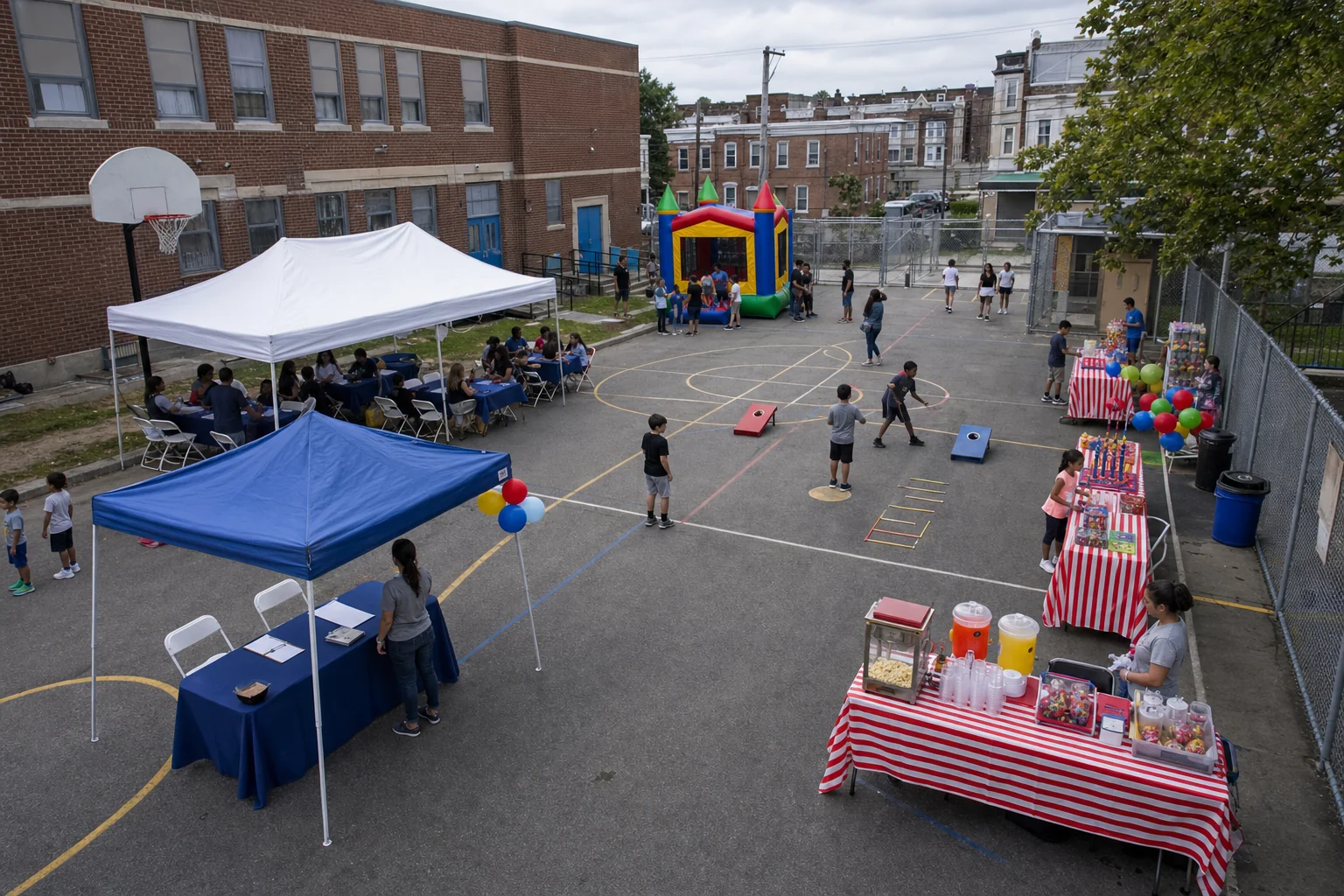 From a host’s point of view, north Philadelphia rec center or schoolyard layout with carnival games, concession station, seating, check-in table, and walking lanes