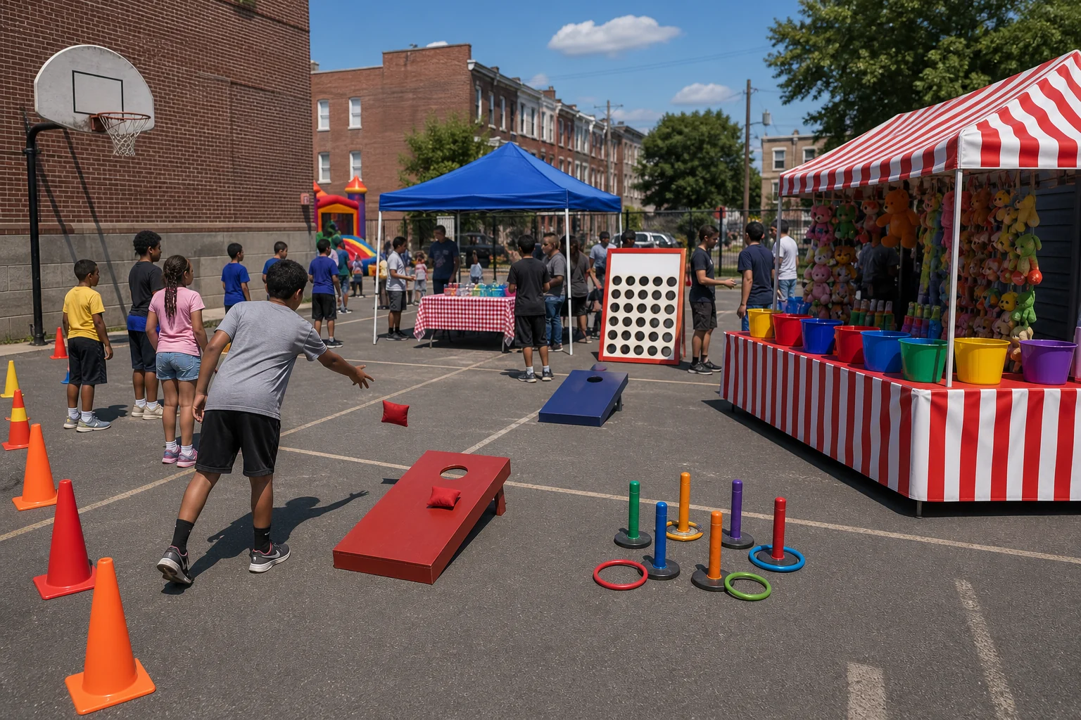 From a host’s point of view, north Philadelphia field day and carnival game station with beanbag toss, cones, blank score board, and safe queue space