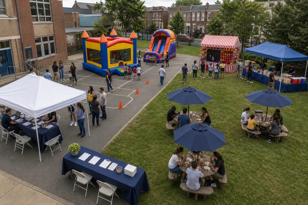 For event planning, northeast Philadelphia event layout with bounce zone, inflatable slide, carnival games, snack station, shaded seating, and clear walking lanes