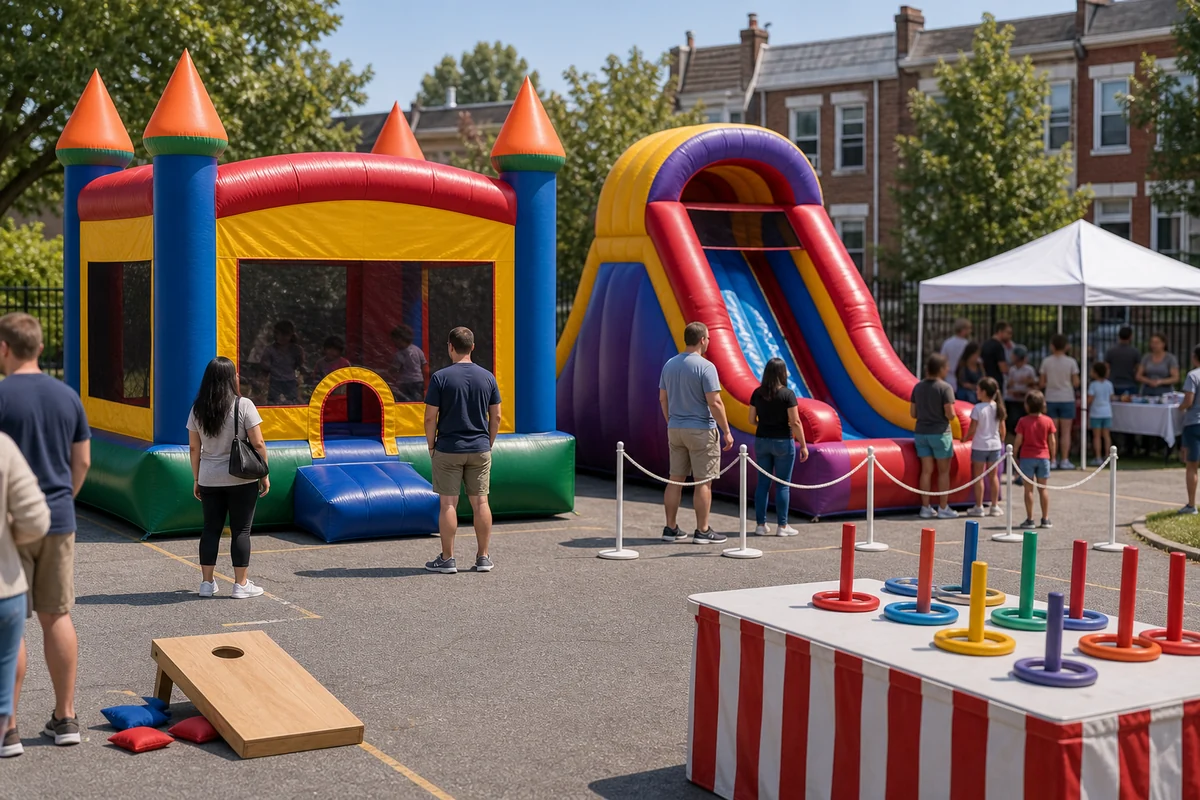For event planning, northeast Philadelphia inflatable feature with bounce house, inflatable slide, simple queue area, and carnival game pieces