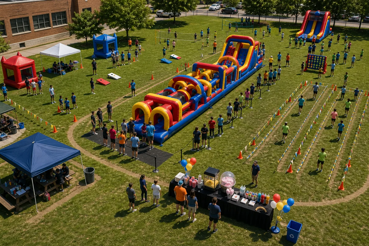 For event planning, field day layout with obstacle course anchor, rotation stations, queues, and rest area