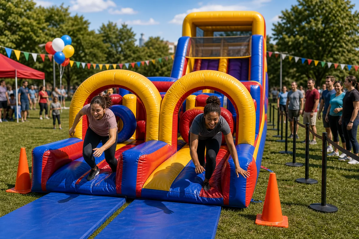 For event planning, inflatable obstacle course race lanes and finish area for a Philadelphia field event