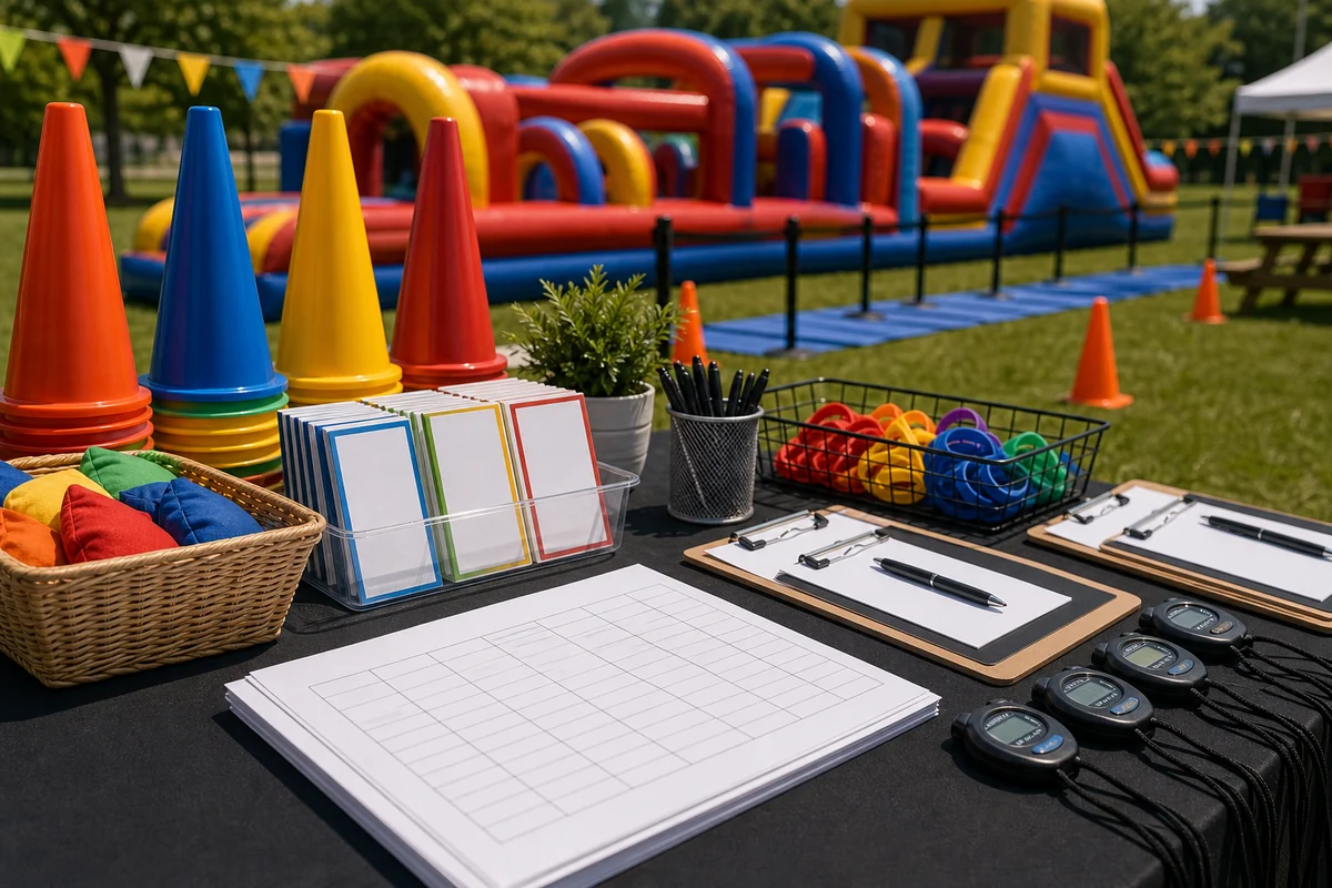 In practical terms, obstacle course team rotation cards, score sheets, cones, and planning materials