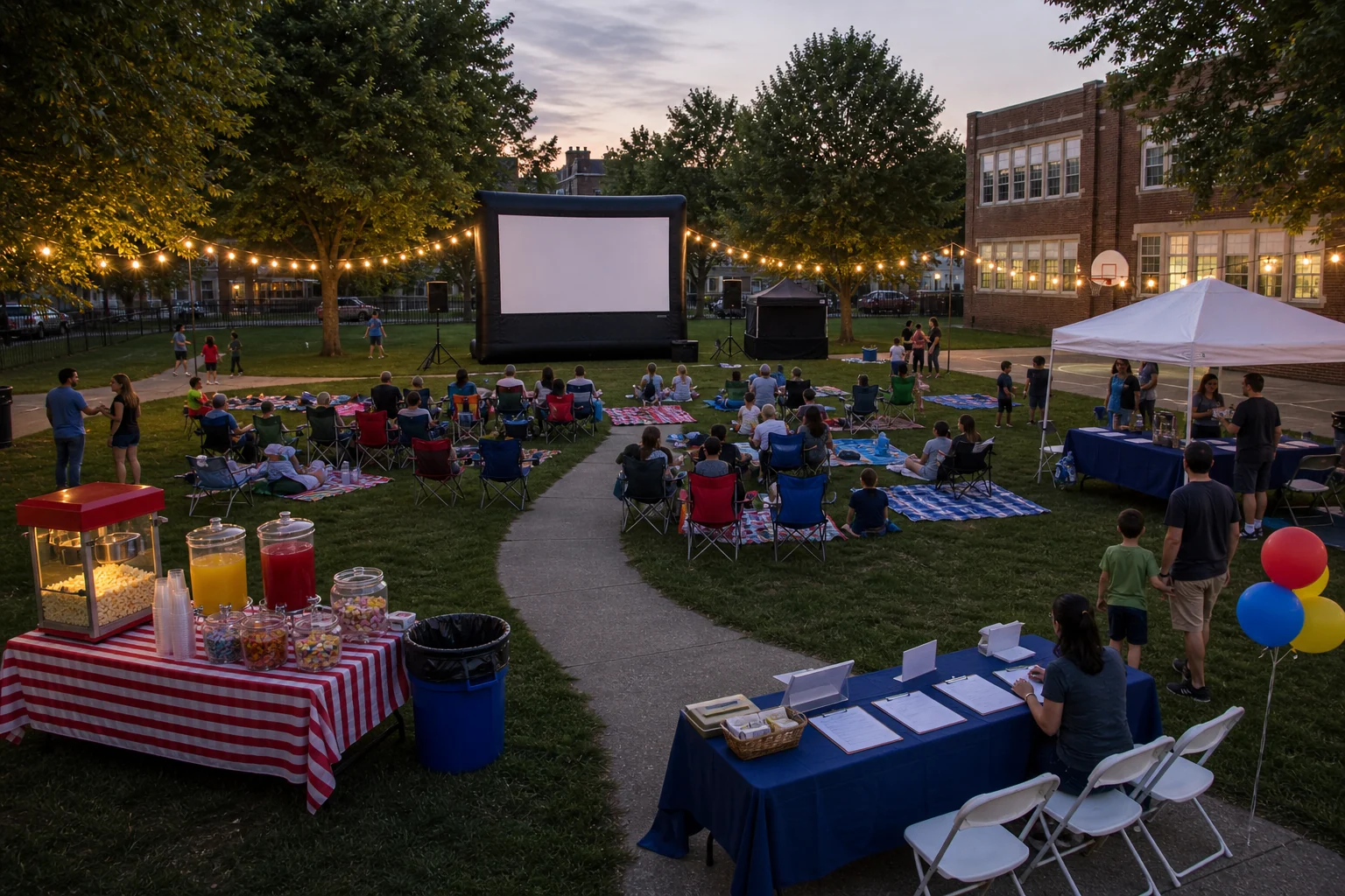 From a host’s point of view, outdoor movie night layout with blank inflatable screen, speaker stands, seating rows, popcorn station, check-in table, and guest paths