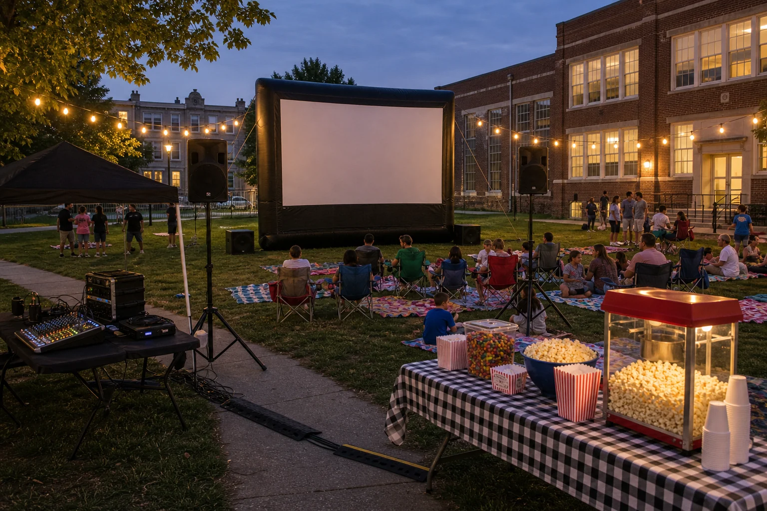 In practical terms, outdoor movie night setup with blank inflatable screen, PA speakers, audio table, seating, snack table, and safely routed cables