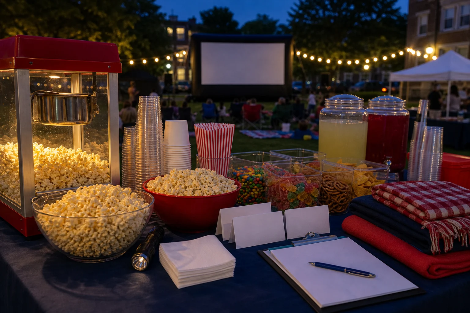 In practical terms, outdoor movie night popcorn and snack table with cups, napkins, blank cards, folded blankets, flashlight, and blank screen in background