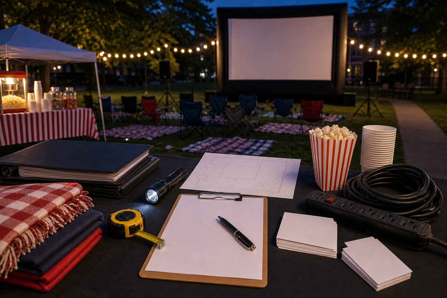 From a host’s point of view, outdoor movie night quote planning materials with blank checklist, site sketch, power strip, cable, measuring tape, popcorn cup, and flashlight
