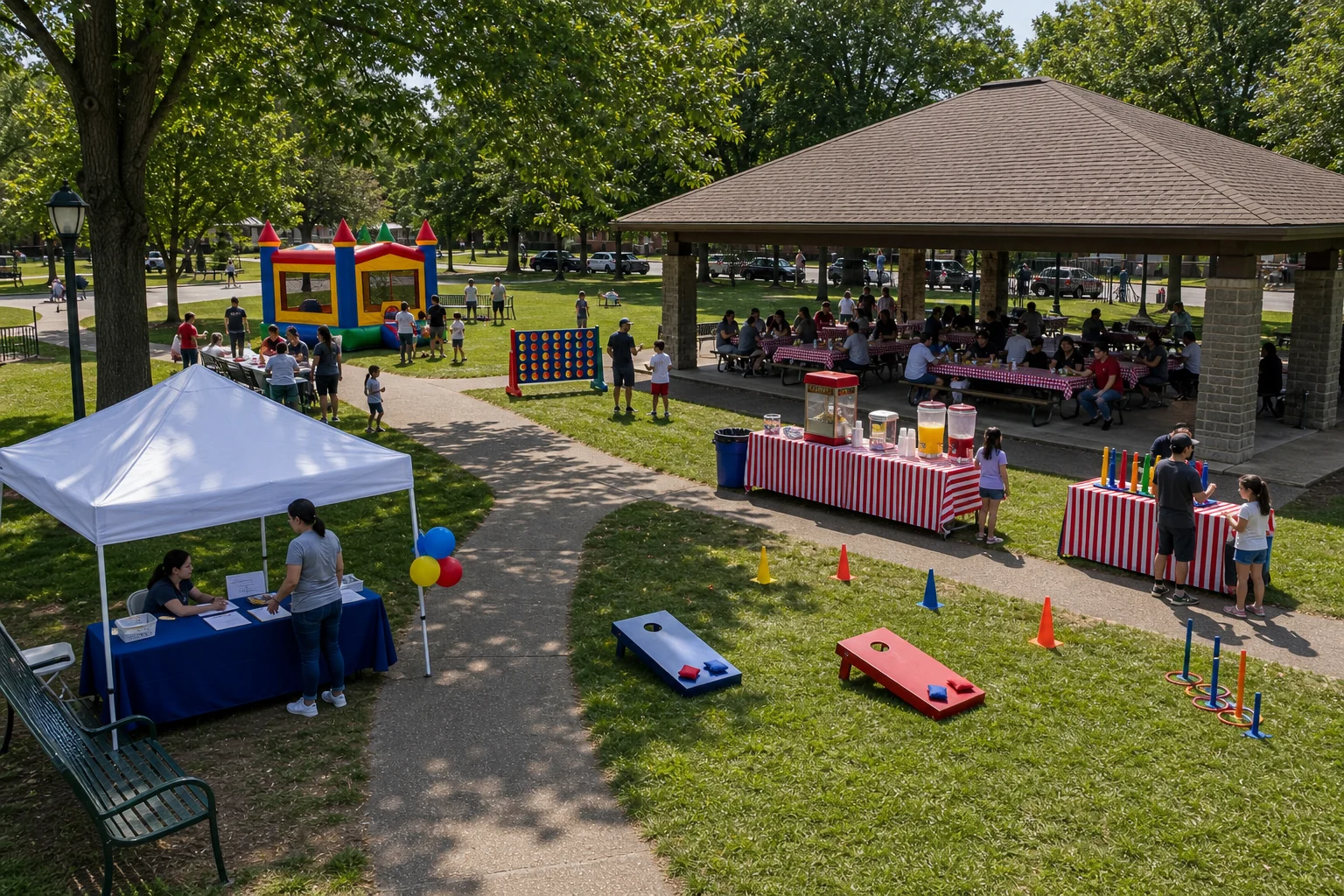 For event planning, philadelphia park party layout with pavilion seating, lawn games, concession table, shade tent, check-in table, and walking paths