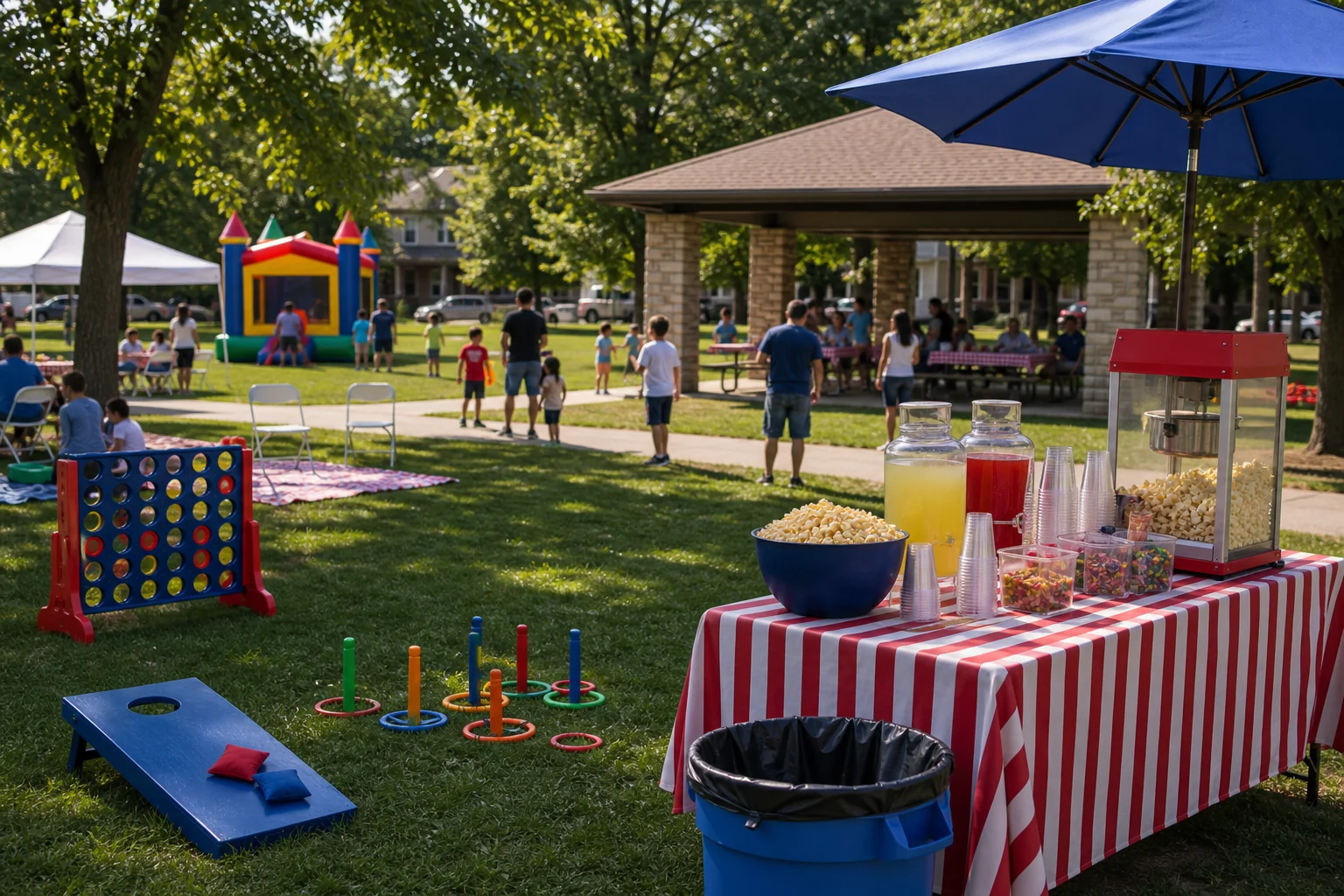 For event planning, philadelphia park lawn game and concession setup with giant games, beanbag toss, snack table, shade, and picnic seating