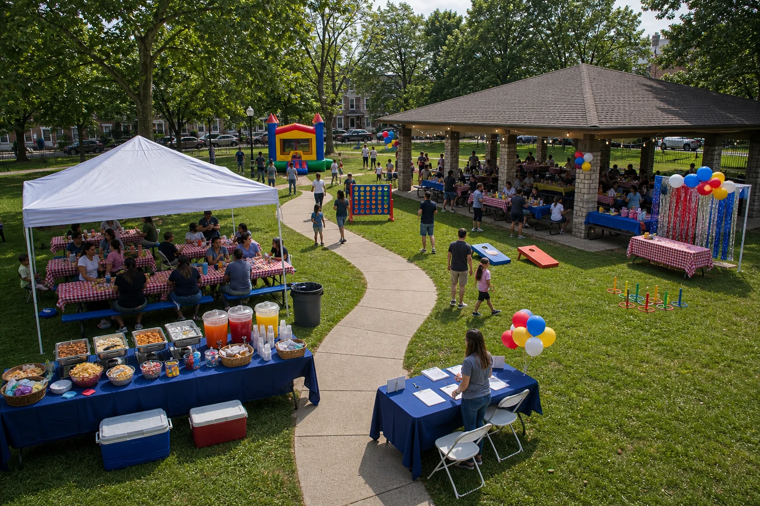 For event planning, philadelphia picnic layout with pavilion food service, shaded tables, lawn games, photo area, check-in table, and guest paths