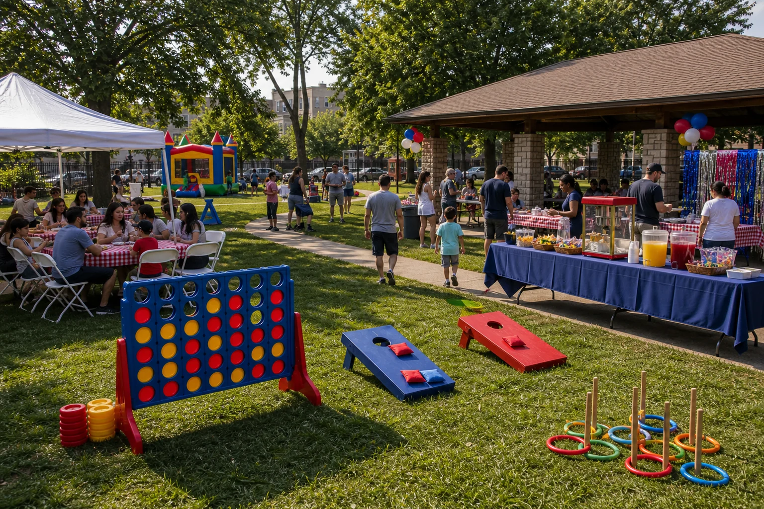 For event planning, philadelphia picnic activity feature with giant game, beanbag toss, ring toss, picnic seating, snack station, and park lawn
