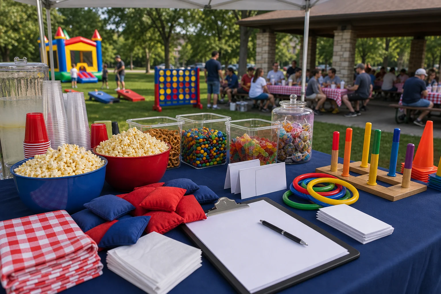 In practical terms, philadelphia picnic food and game supply detail with snack containers, cups, napkins, beanbags, rings, table covers, and blank activity cards