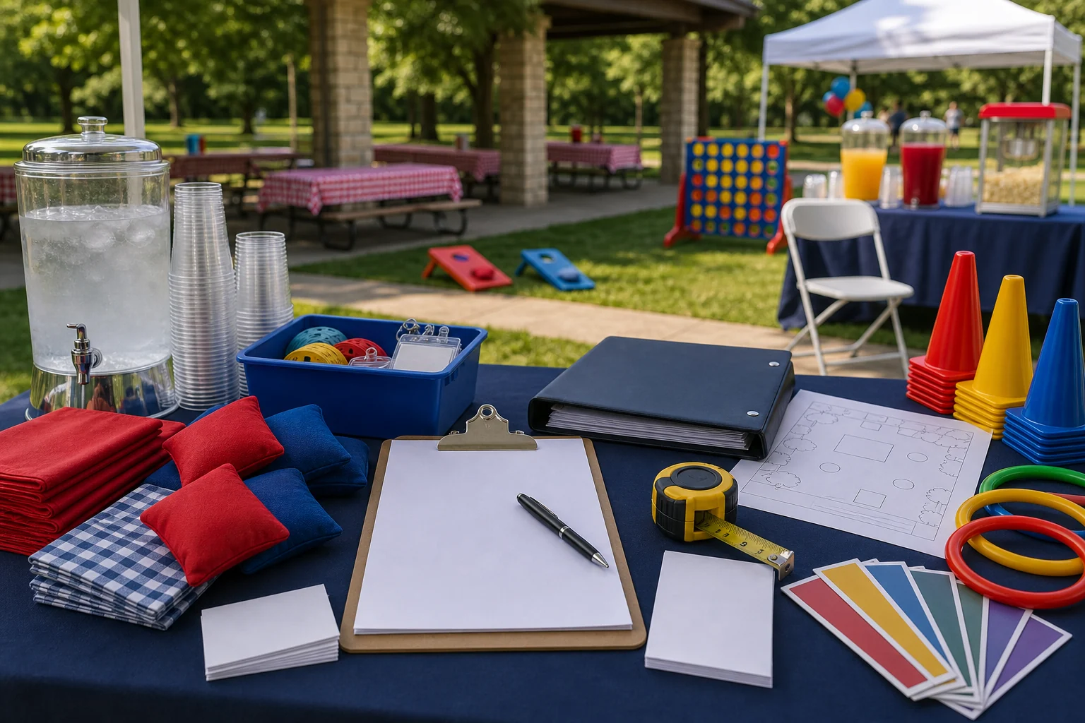 From a host’s point of view, philadelphia picnic rental quote materials with blank checklist, clipboard, measuring tape, site sketch, folder, game pieces, and unbranded cups