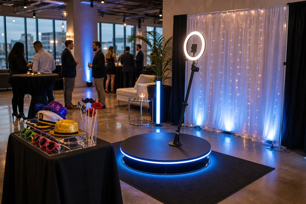 From a host’s point of view, 360-style photo booth rental setup with lighting