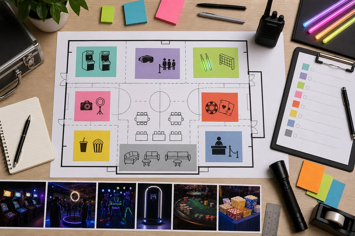 For event planning, post-prom lock-in event layout planning with activity zones