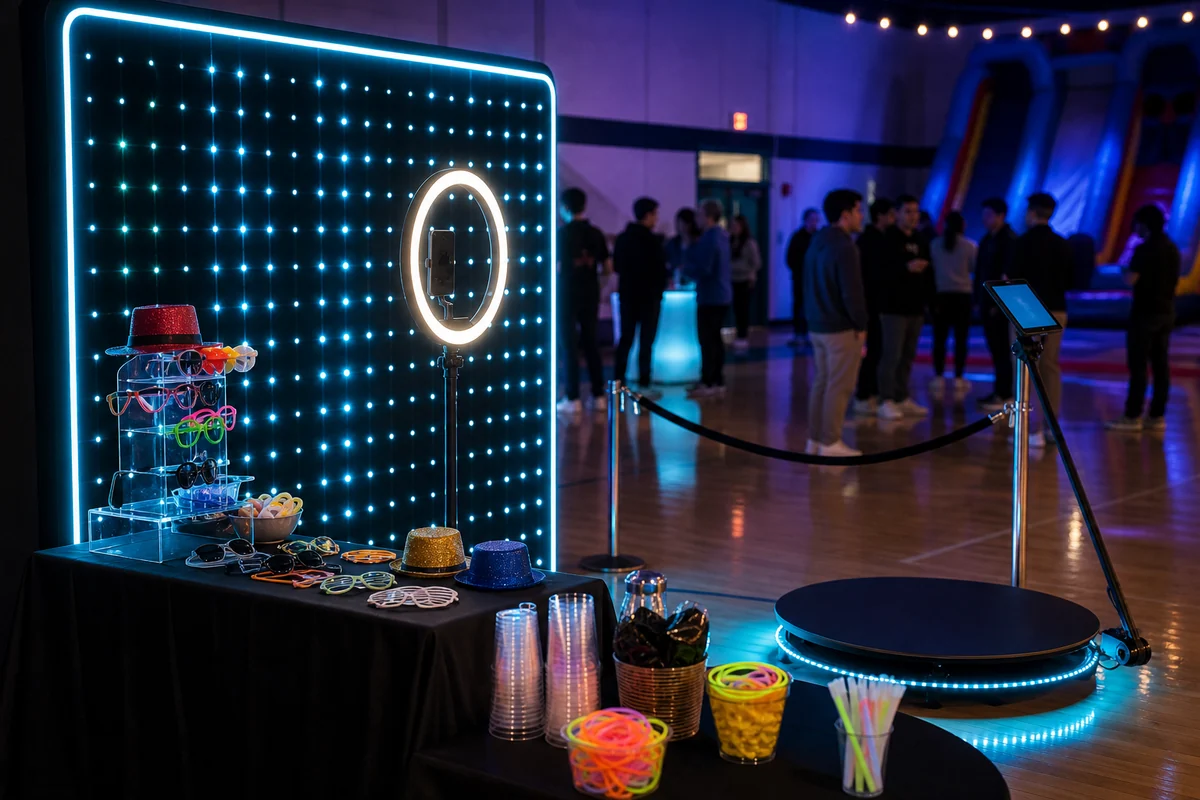In practical terms, LED post-prom photo booth rental setup with glow lighting
