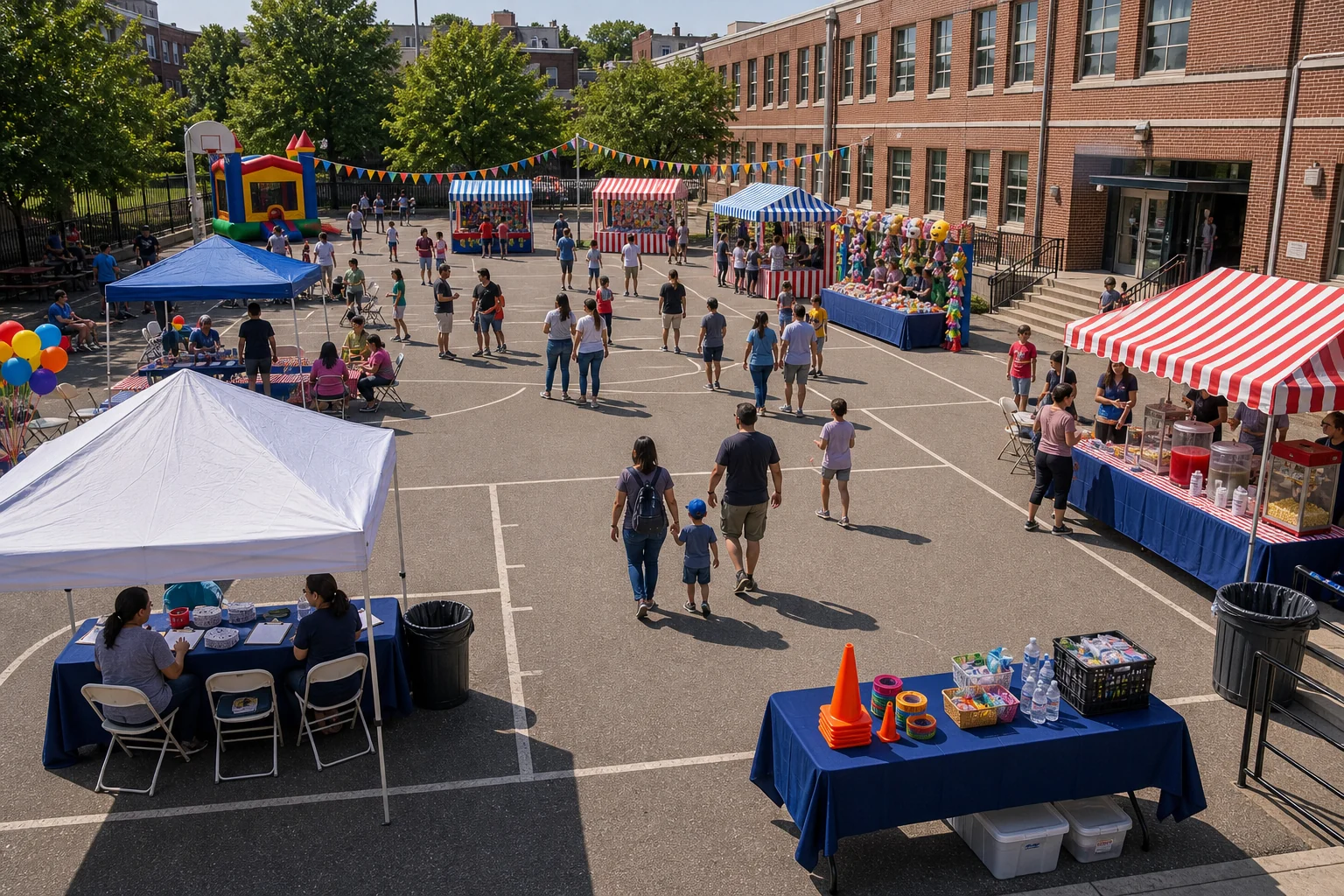 From a host’s point of view, PTA and PTO fundraiser layout with check-in, prize station, carnival game row, concessions, volunteer table, seating, and walking paths