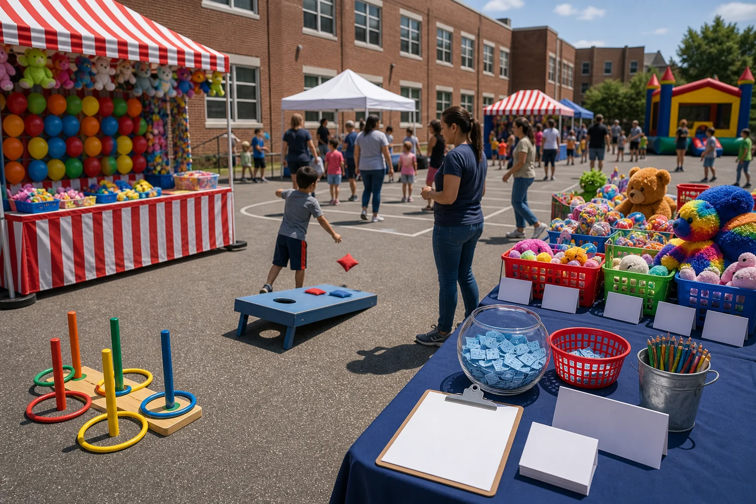 From a host’s point of view, PTA fundraiser carnival game and prize station with beanbag toss, ring toss, prize bins, blank tags, and volunteer table