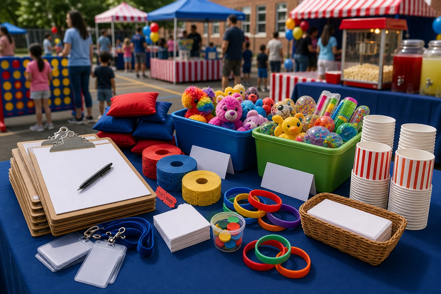 In practical terms, PTA fundraiser volunteer and prize materials with blank clipboards, wristbands, blank tickets, prize bins, game tokens, and snack supplies