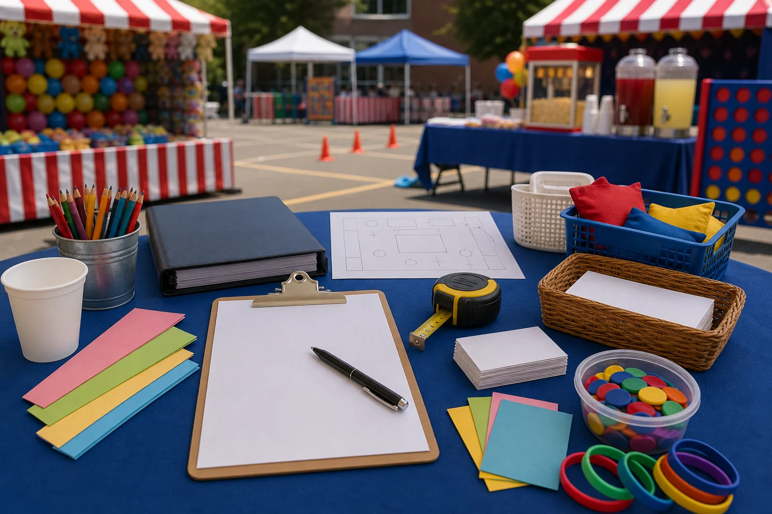 From a host’s point of view, PTA and PTO fundraiser quote planning materials with blank checklist, schoolyard sketch, wristbands, prize tokens, folder, pen, and snack cup