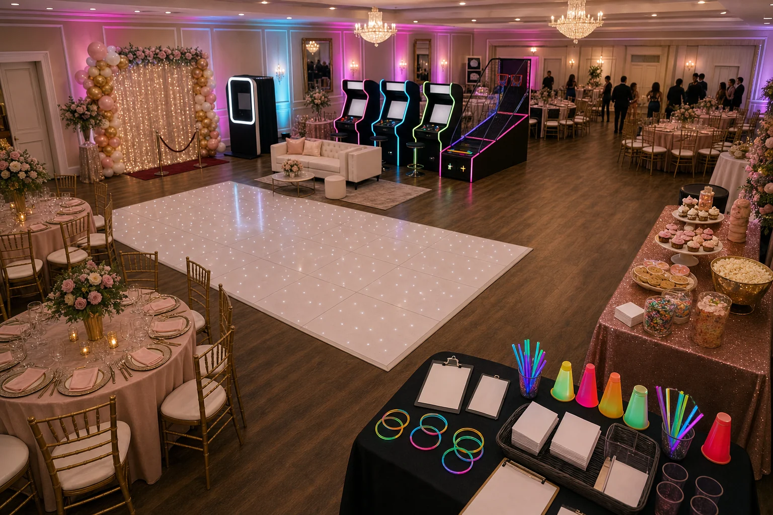 For event planning, quinceanera ballroom layout with photo booth, arcade stations, glow games, lounge seating, dance floor, dessert table, and guest paths