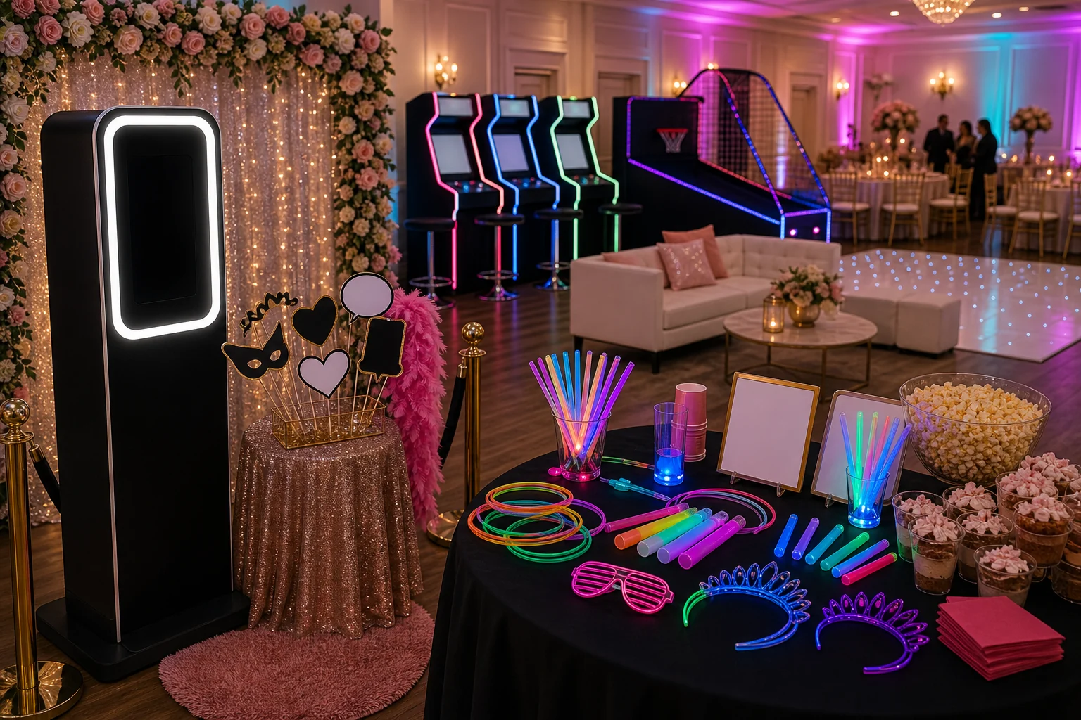 From a host’s point of view, quinceanera feature with photo booth backdrop, glow game table, arcade station with blank screen, lounge seating, and dessert cups
