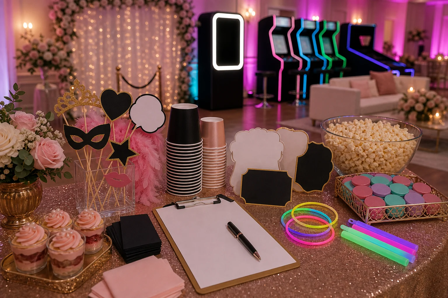 For event planning, quinceanera detail with blank photo props, glow bracelets, decorative blank cards, arcade tokens, dessert cups, blank clipboard, and pen