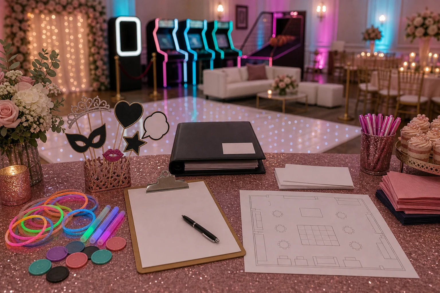 In practical terms, quinceanera quote planning materials with blank checklist, ballroom layout sketch, glow bracelets, blank props, floral accents, folder, and pen