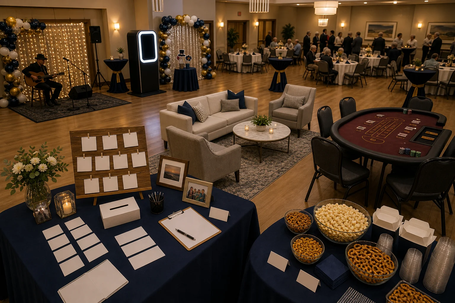 For event planning, retirement party layout with speech area, photo booth, memory table, lounge game table, live entertainment corner, snack table, seating, and paths