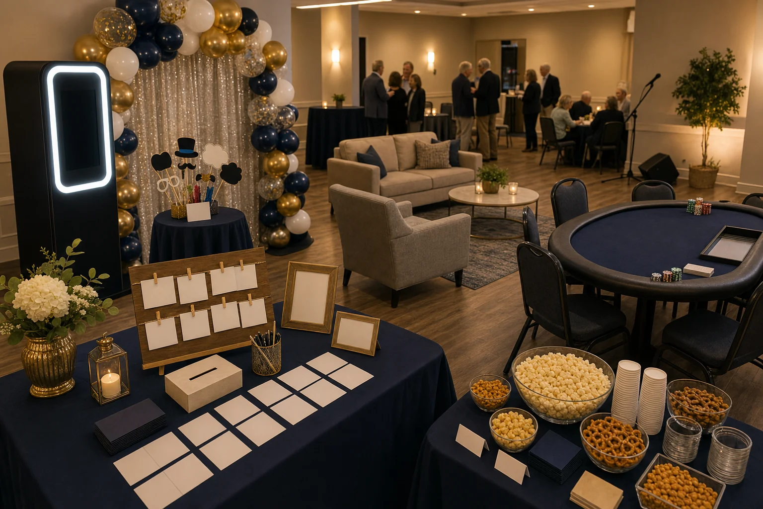 For event planning, retirement party feature with photo booth backdrop, blank memory cards, lounge game table, snack cups, microphone, and seating