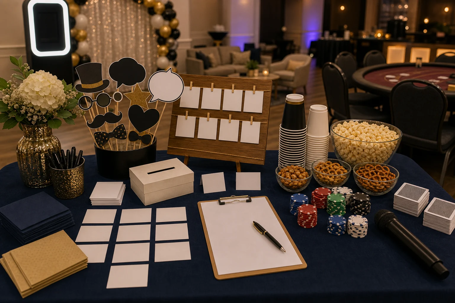 For event planning, retirement party detail with blank memory cards, blank photo props, unbranded chips, microphone, plain cups, snack bowl, clipboard, and pen