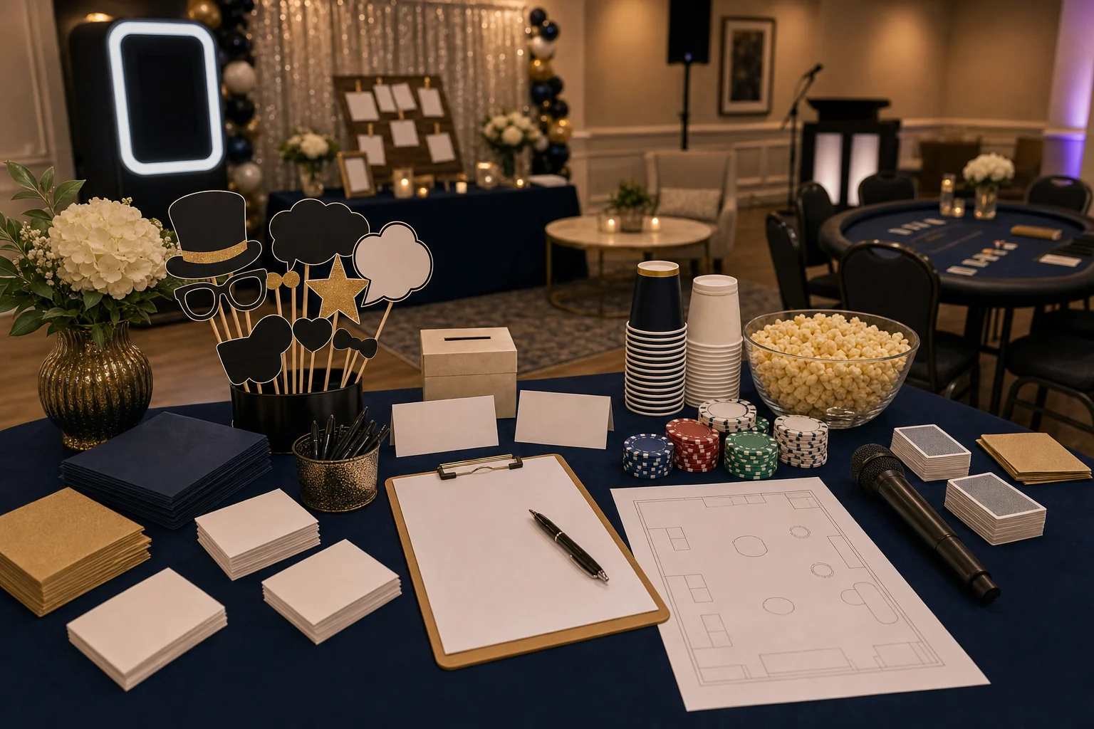 For event planning, retirement party quote planning materials with blank checklist, room layout sketch, memory cards, microphone, unbranded chips, folder, and pen