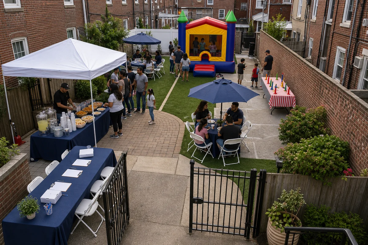 For event planning, south Philadelphia compact party layout with bounce area, game table, snack station, seating, and walking lanes