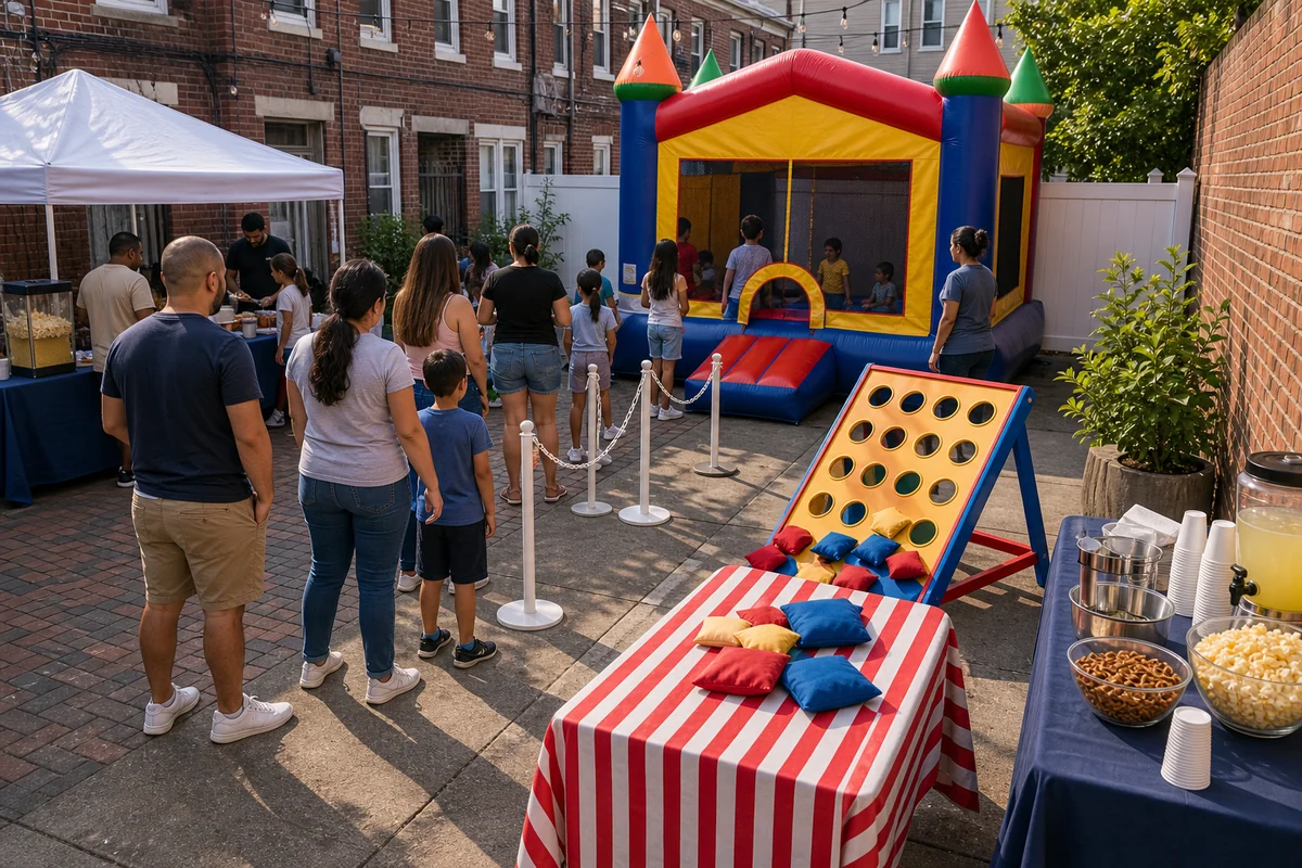 For event planning, compact South Philadelphia bounce and carnival game setup with plain vinyl inflatable, beanbags, concession table, and queue space