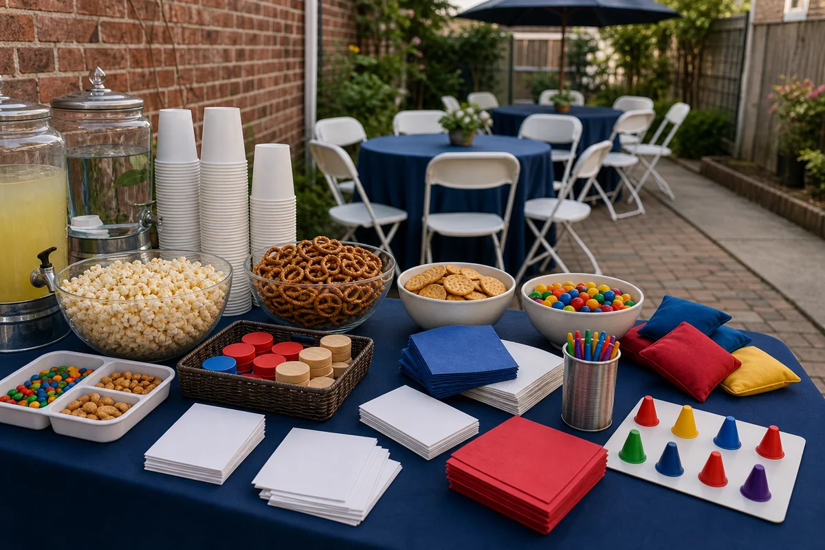 For event planning, south Philadelphia party detail with concession supplies, folding seating, blank activity cards, beanbags, and compact game materials