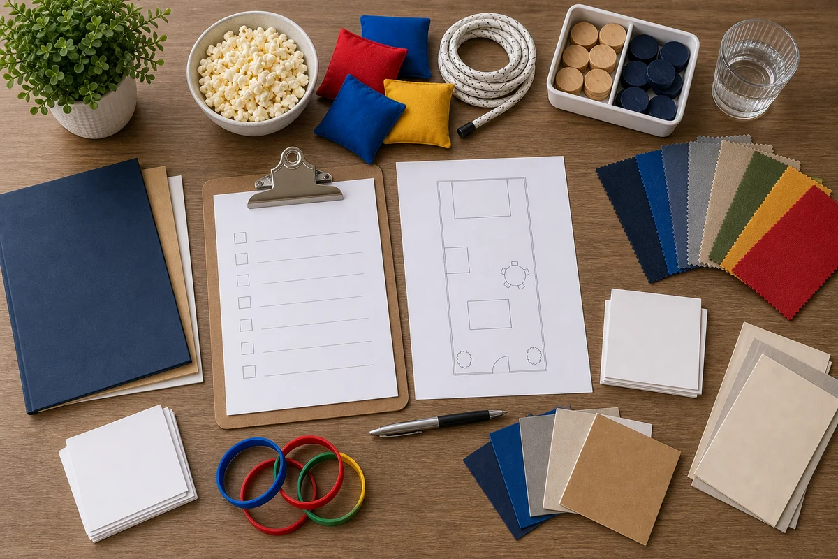 From a host’s point of view, south Philadelphia party rental quote planning materials with blank checklist, narrow-yard sketch, swatches, folders, and game pieces
